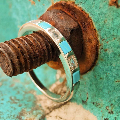 Square Turquoise Inlay Diamond Band Ring