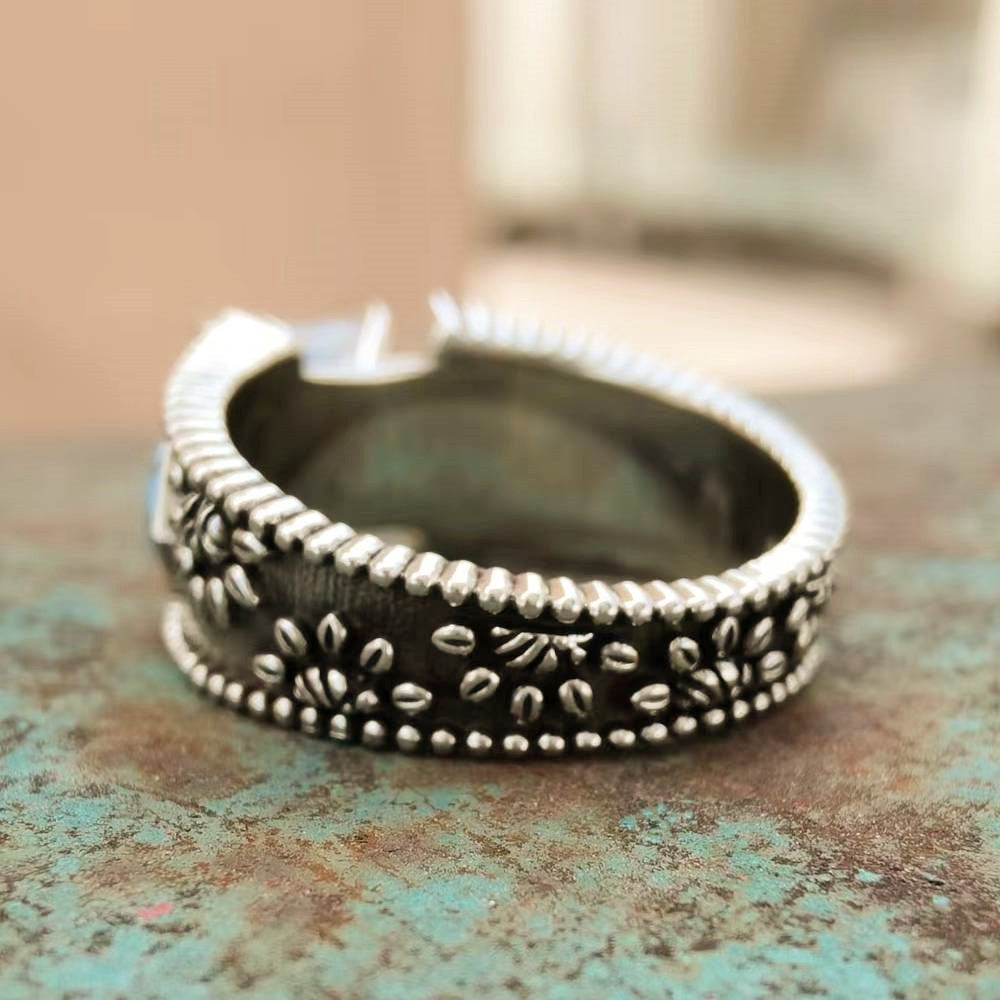 Women Western Engraved Square Turquoise Engagement Ring