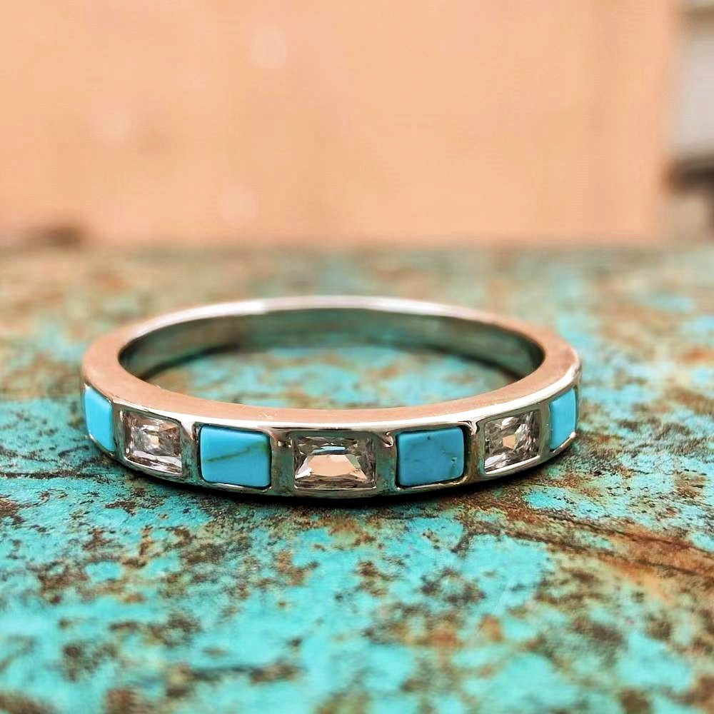 Square Turquoise Inlay Diamond Band Ring