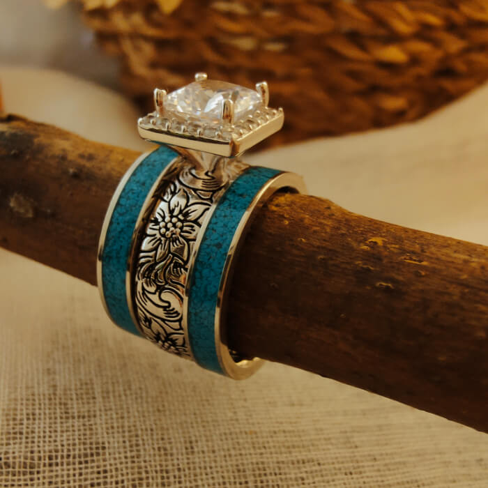 3pc Flower Princess Cut Crush Turquoise and Diamond Ring