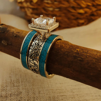 3pc Flower Princess Cut Crush Turquoise and Diamond Ring