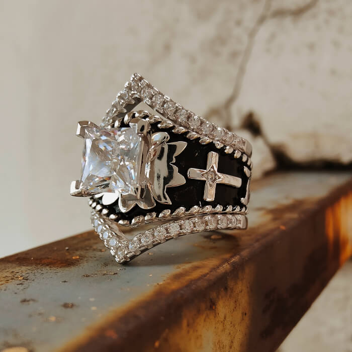 Western Cross Ring with Square Cut Stone – Vintage Gothic Cowboy Jewelry