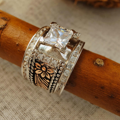 3pc Sterling Silver Flower Engraved Diamond Western Engagement Rings