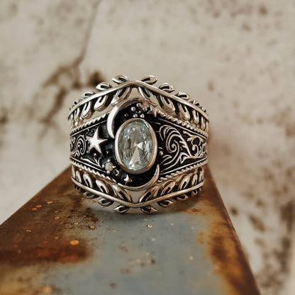 3pc Wide Moon and Star Ring – Celestial Goddess Jewelry with Oval Gemston