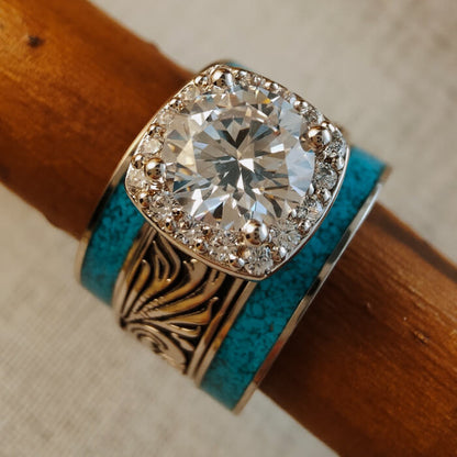 3pc Steel Western Turquoise And Diamond Ring