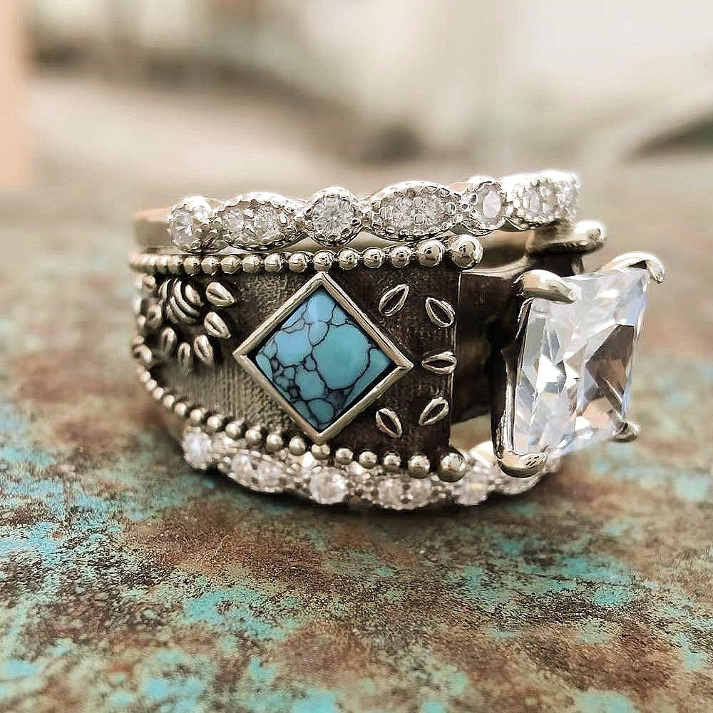 Women Western Engraved Square Turquoise Engagement Ring