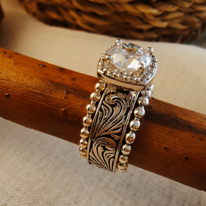 3pc Sterling Silver Bead Flower Western Engagement Ring Set