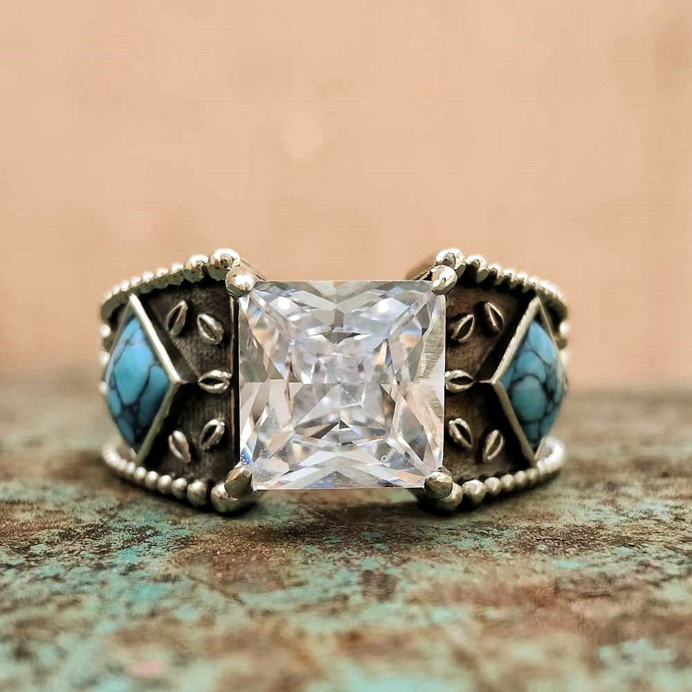 3pc Vintage Sterling Silver Square Turquoise Diamond Ring Set