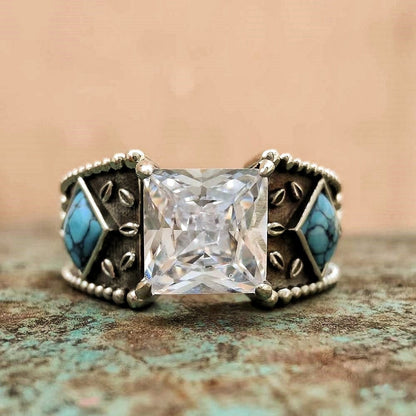 3pc Vintage Sterling Silver Square Turquoise Diamond Ring Set