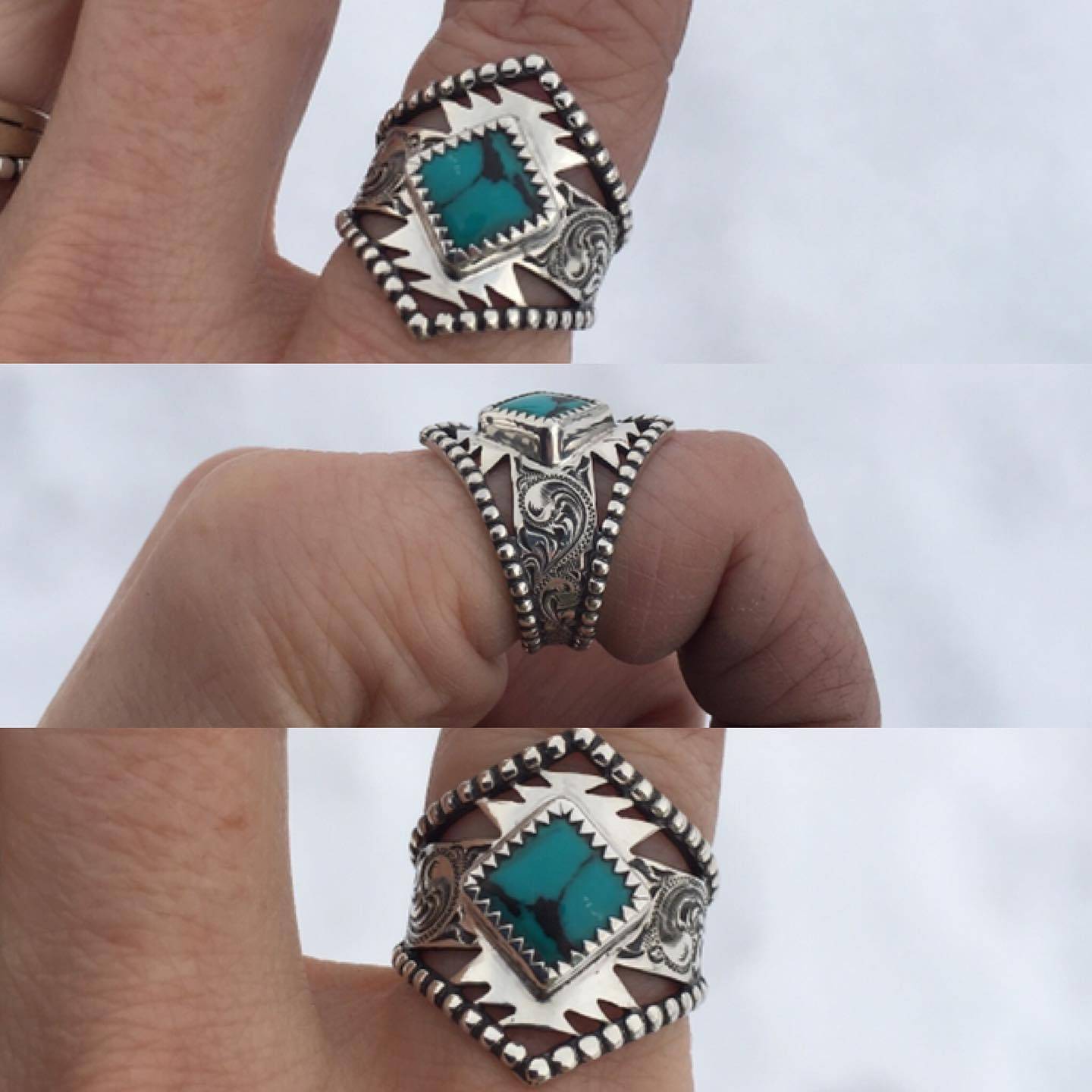 Western Engraved Symbol Square Cut Turquoise Ring