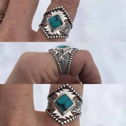 Western Engraved Symbol Square Cut Turquoise Ring