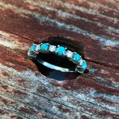 Silver Round Turquoise Diamond Band Ring