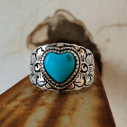 Women Western Flower Heart Turquoise Rings