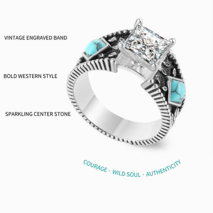 Women Western Engraved Square Turquoise Engagement Ring