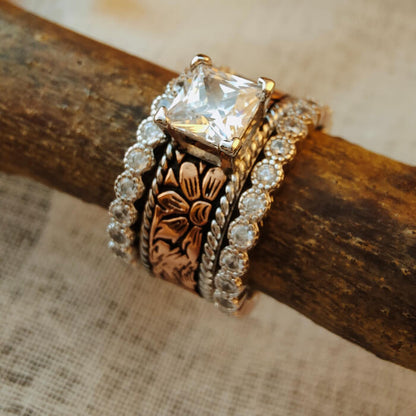 3pc Princess Cut Vintage Rose Gold Western Wedding Ring Set