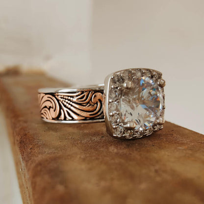 Western Engraved Round Cut Rose Gold  Engagement Ring with Diamond Halo