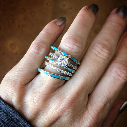 4pc Sterling Silver Band Vintage Turquoise Engagement Ring Sets