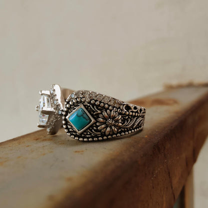 Flower Engraved Princess Cut Western Turquoise Engagement Ring