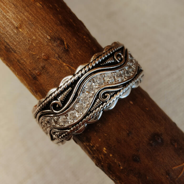 3pc Rustic Diamond Inlay Engravable Western Band Ring