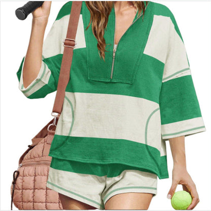 2025 spring and summer new women's striped half-sleeve oversized lining shorts casual sportswear two-piece suit
