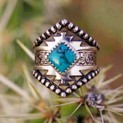 Western Engraved Symbol Square Cut Turquoise Ring