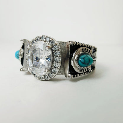 Women Turquoise Feather Horseshoe Oval Engagement Rings with Diamond Halo