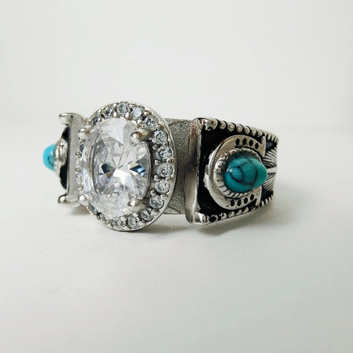 Women Turquoise Feather Horseshoe Oval Engagement Rings with Diamond Halo