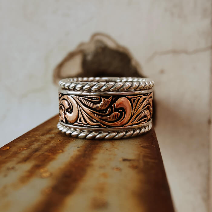 3pc Rose Gold Western Engraved Wedding Bands
