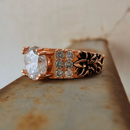 Lily Flower Engraved Round Cut Western Rose Gold  Engagement Ring