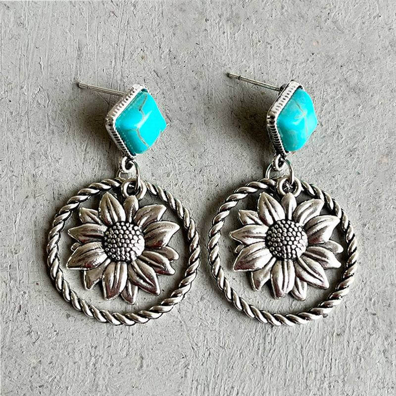 Western Cactus Flower Turquoise Hoop Earrings