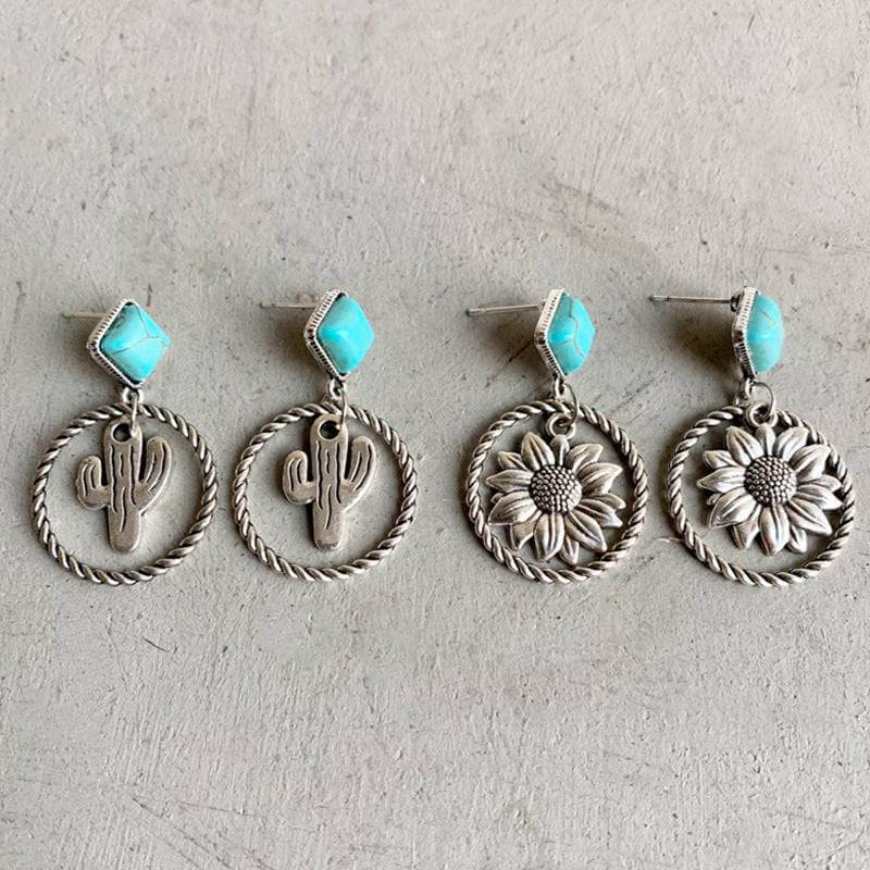 Western Cactus Flower Turquoise Hoop Earrings
