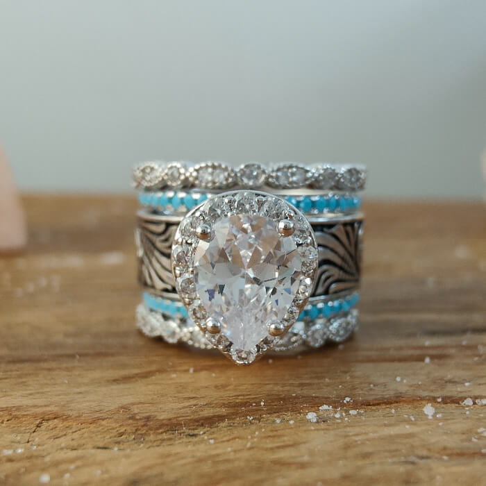 5pc Pear Cut Diamond Western Vintage Turquoise Wedding Rings