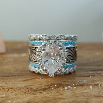 5pc Pear Cut Diamond Western Vintage Turquoise Wedding Rings