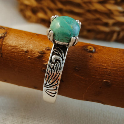Women Flower Engraved Round Turquoise Western Ring