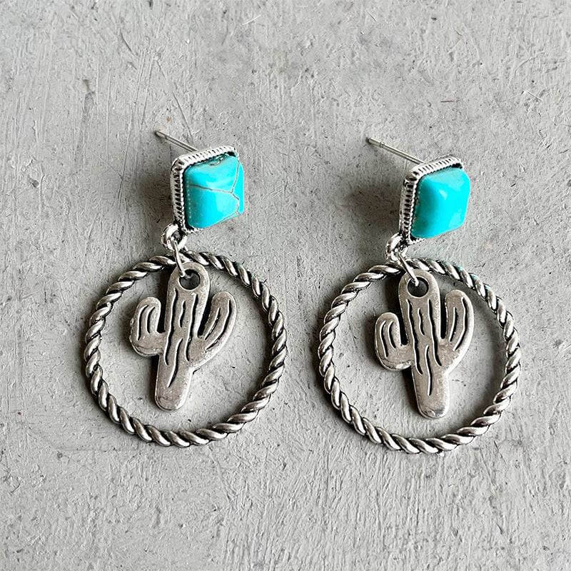 Western Cactus Flower Turquoise Hoop Earrings
