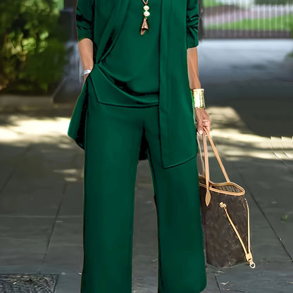 ⏰ LAST DAY SAVE 50% 💥2025 Casual Three-piece Solid Set, Long Sleeve Cardigan & Top & Long Pants Outfits