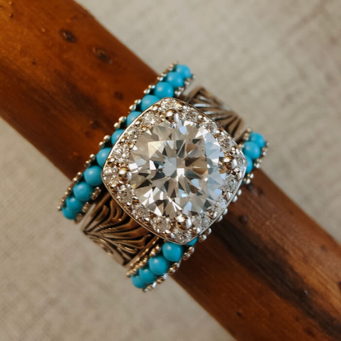 3pc Sterling Silver Flower Turquoise Western Diamond Ring