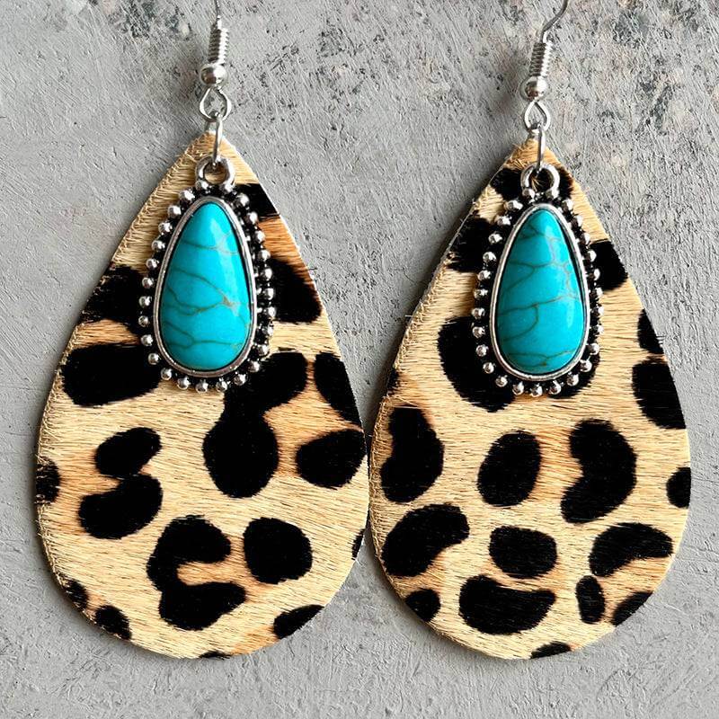 Western Cows Print Turquoise Drops Earrings
