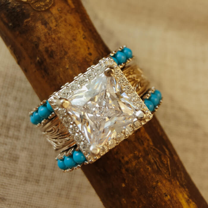 3pc Retro Princess Cut Diamond Western Promise Ring with Turquoise