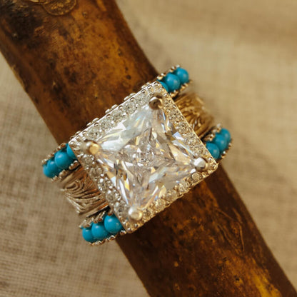 3pc Retro Princess Cut Diamond Western Promise Ring with Turquoise