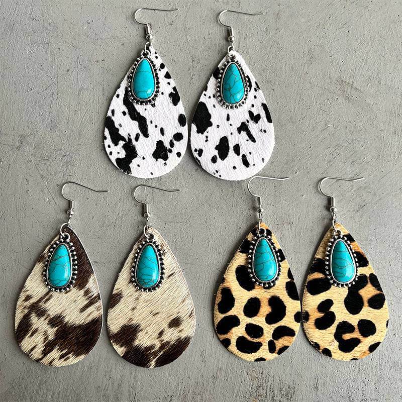 Western Cows Print Turquoise Drops Earrings