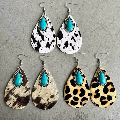 Western Cows Print Turquoise Drops Earrings