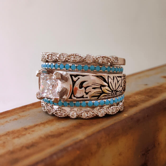 5pc Moissanite Cuff Vintage Flower Turquoise Western Wedding Rings with Diamonds