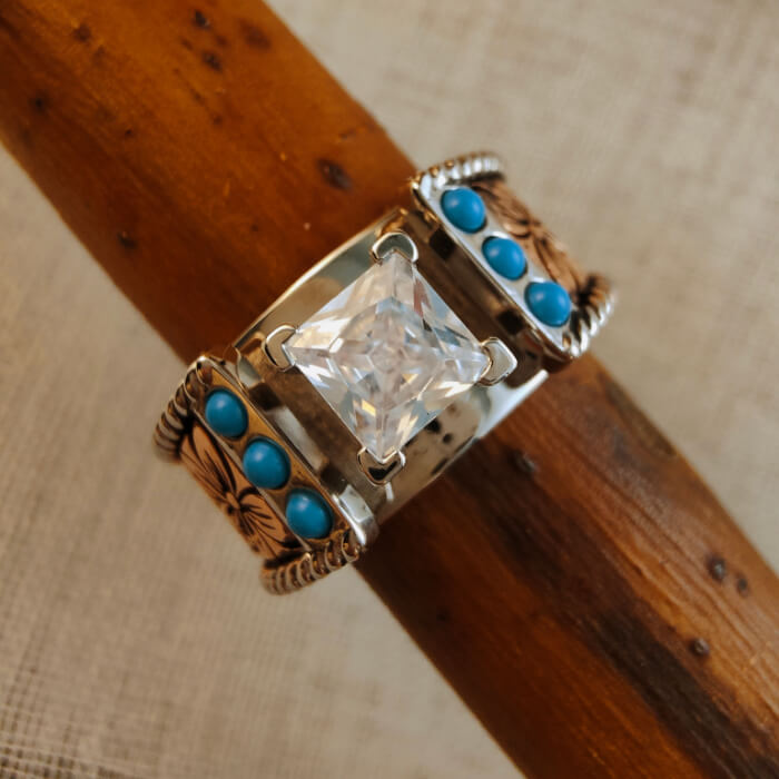 3pc Sterling Silver Western Turquoise and Diamond Ring