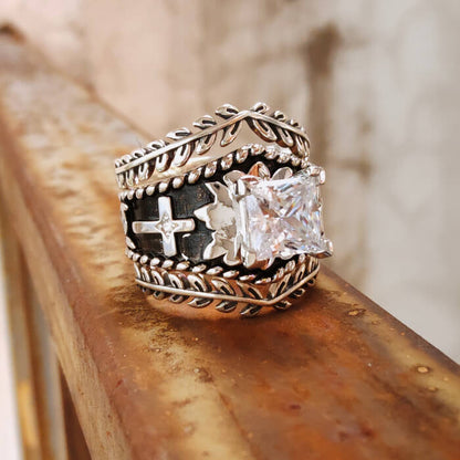 3PC Western Cross Ring Set  with Vintage Silver Bands