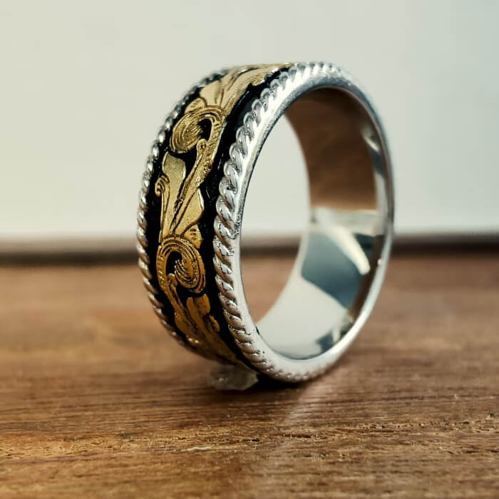 Western Gold Leaf Band Ring – Vintage Black Enamel Engraved Silver Ring