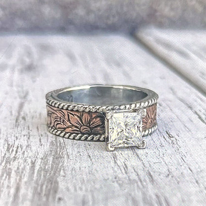 Flower Engraved Rose Gold Princess Cut Diamond Western Ring
