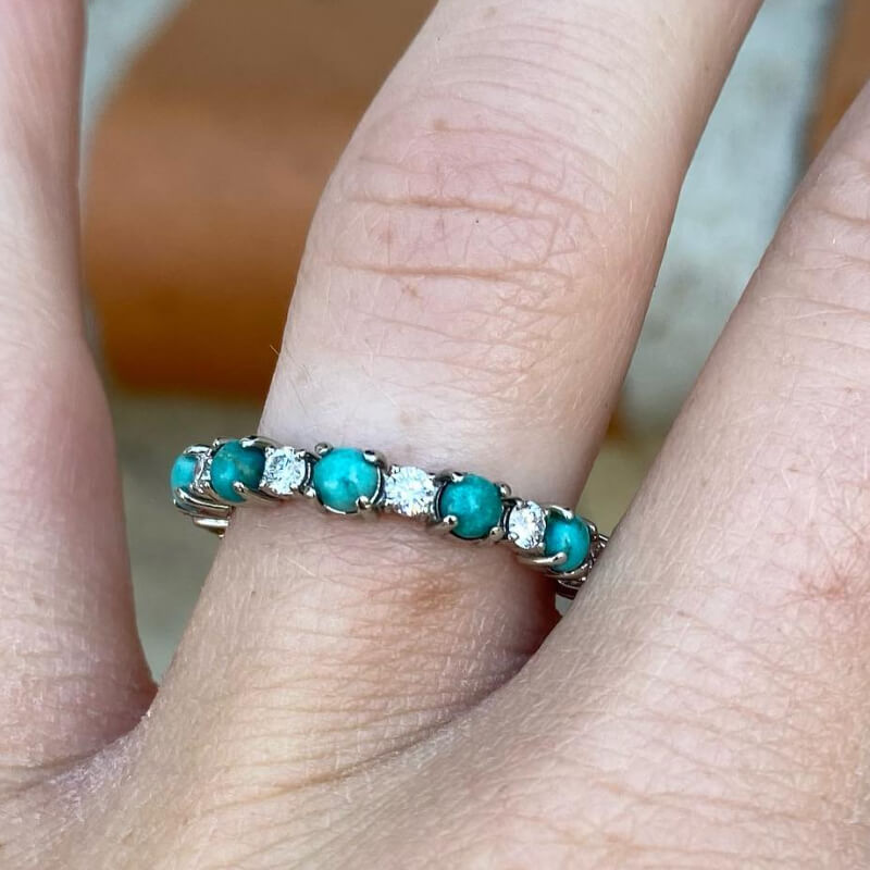 Silver Round Turquoise Diamond Band Ring