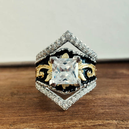 Princess Cut Vintage Engagement Ring – Western Gold Leaf Black Enamel Band