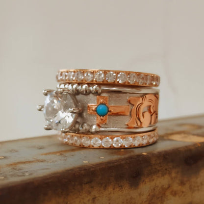 3pc Rose Gold Cross Flower Western Promise Rings